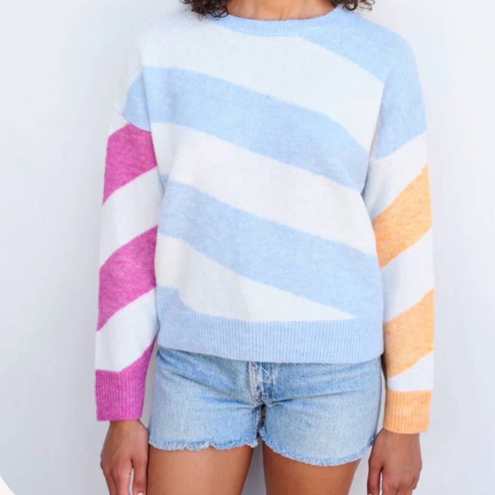 Sundry Striped Oversized Sweater. Small. Pink, Orange and White, Crew Neck